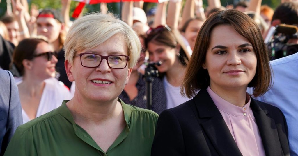 Belarusian opposition leader Sviatlana Tsikhanouskaya marks anniversary of the 2020 election in Belarus, in Vilnius